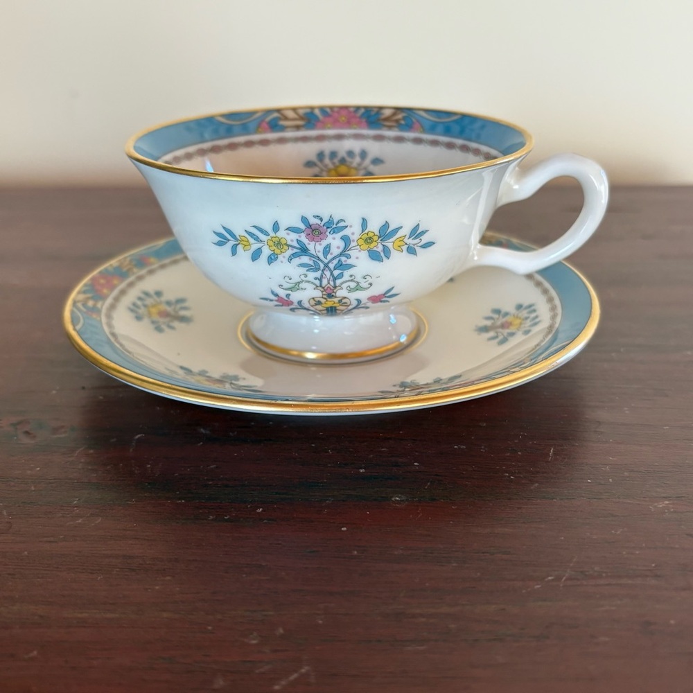 Lenox Blue Tree Footed Cup & Saucer USA Gold Mark